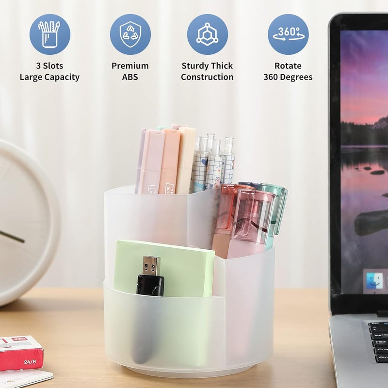 EDENMS Desk Pencil Pen Holder, 3 Slots 360-Degree Spinning Organizers, Desktop Storage Stationery Supplies, Cute Cup Pot for Office, School, Art Supply, Kids - Clear - Image 2